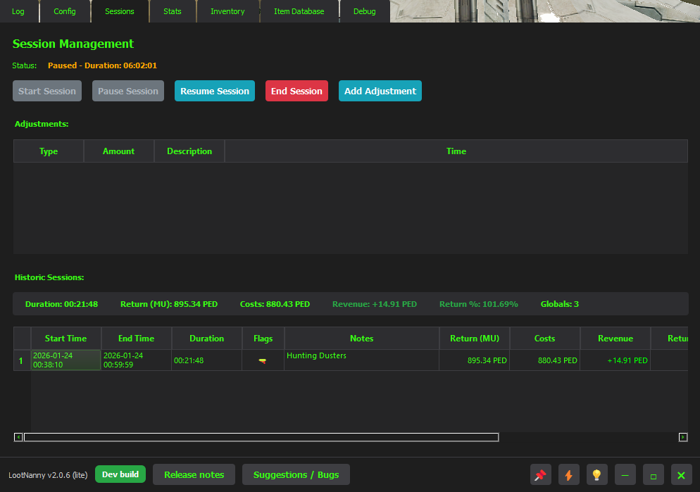 LootNanny 2.0 sessions screen screenshot placeholder